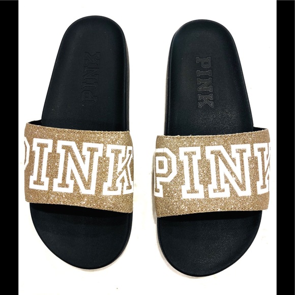 Victoria/'s Secret Pink Glitter Silver Single Strap sparkly slides Sz M NWT
